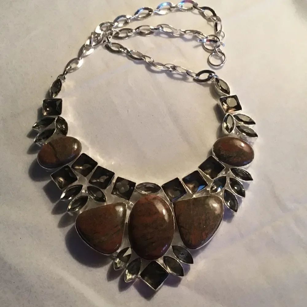 NWOT Ster. Silver, Unakite Smokey Quartz Necklace
